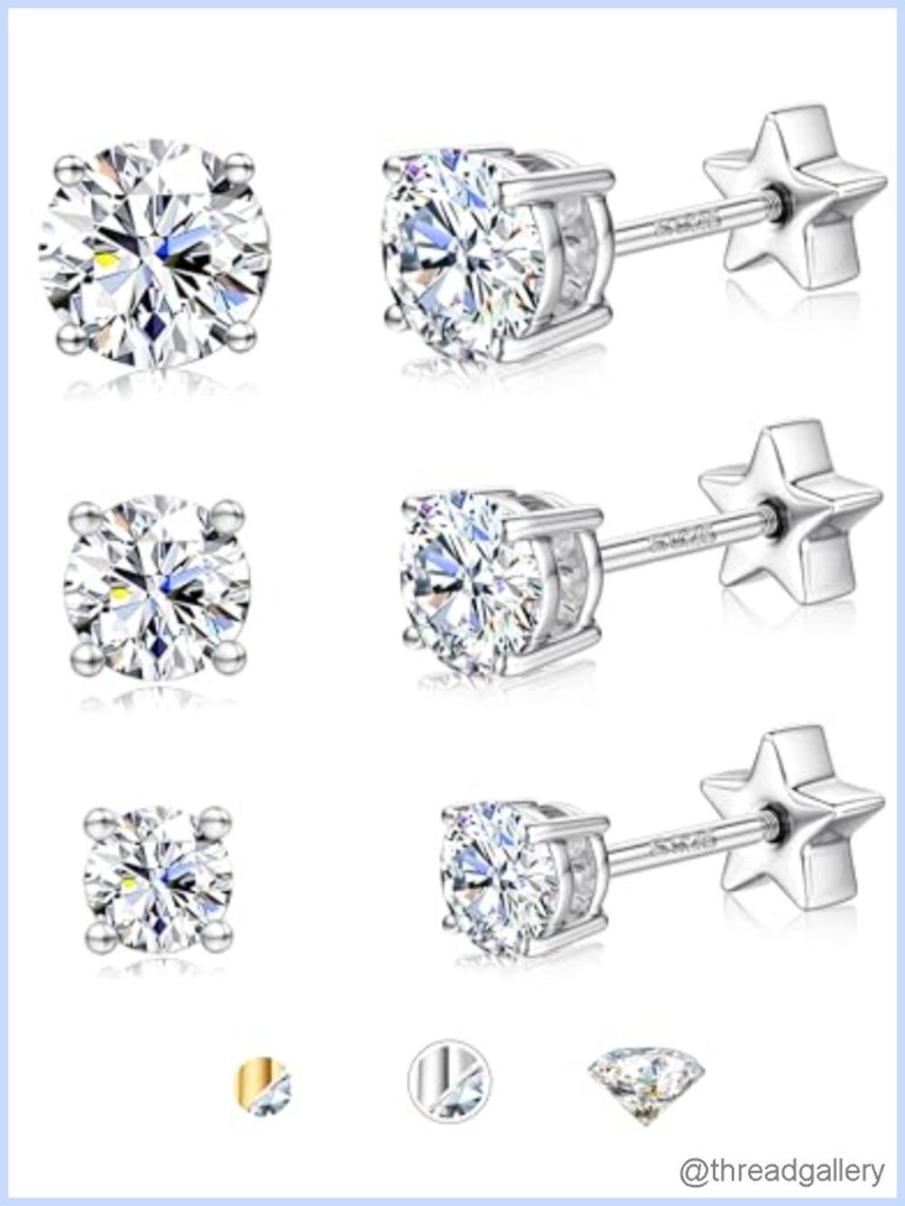 Moissanite Stud Earrings 925 Sterling Silver Flat Back Screw Back 3-Pair Set